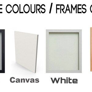 Puede incluir: Imagen que muestra opciones de marcos: negro, lienzo, blanco y roble. El texto "MULTIPLE COLOURS / FRAMES CHOICES" se muestra en la parte superior. Cada marco se presenta individualmente, destacando las diferentes opciones de color y material.