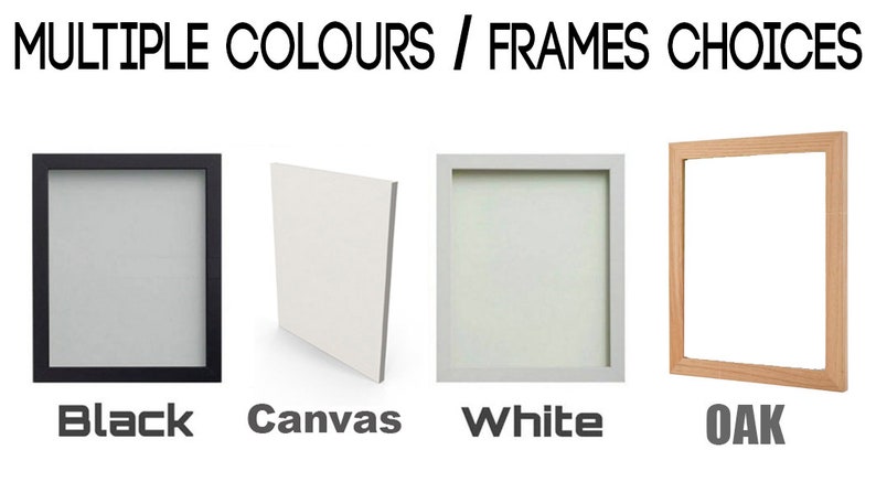 Puede incluir: Imagen que muestra opciones de marcos: negro, lienzo, blanco y roble. El texto "MULTIPLE COLOURS / FRAMES CHOICES" se muestra en la parte superior. Cada marco se presenta individualmente, destacando las diferentes opciones de color y material.