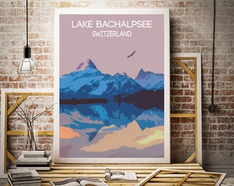 Póster de viaje del lago Bachalpsee, Suiza: fotografía de montaña