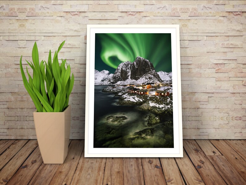 Print Canvas Hamnoy Northen Lights wall art Norway Lofoten Photography Aurora winter prints christmas gifts home decor Scandinavia barn