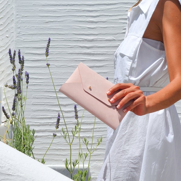 Light pink - nude leather clutch bag / Pink - nude envelope clutch / Available with strap / Genuine leather / Bridesmaid gift / SMALL SIZE