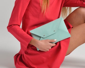 Aqua green leather clutch bag