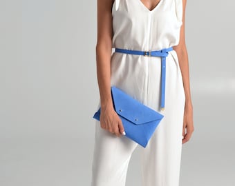 Blue leather clutch bag