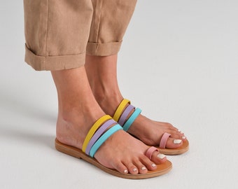 Leather sandals / Genuine nubuck leather / Multi-coloured Greek sandals / Flat leather sandals / Leather slingbacks / Leather slides