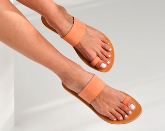 Peach leather sandals / Genuine leather / Pastel orange Greek sandals / Flat leather sandals / Leather slingbacks / Leather slides
