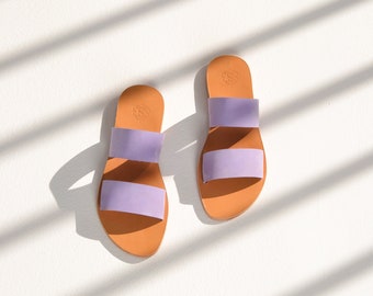 Purple leather sandals / Genuine leather / Lilac Greek sandals / Flat leather sandals / Leather slingbacks / Leather slides