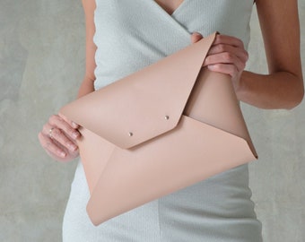Nude leather clutch bag / Nude envelope clutch / Leather bag with strap / Genuine leather /  Bridesmaid gift / iPad Pro case / LARGE SIZE