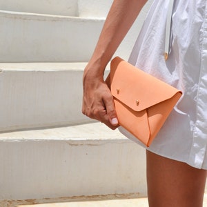 Peach leather clutch bag / Salmon coloured envelope clutch / Pastel orange leather bag available with strap / Genuine leather / SMALL SIZE