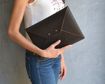 Dark brown leather clutch bag / Envelope clutch / Genuine leather / Chocolate brown leather / Leather bag / LARGE SIZE / iPad Pro case