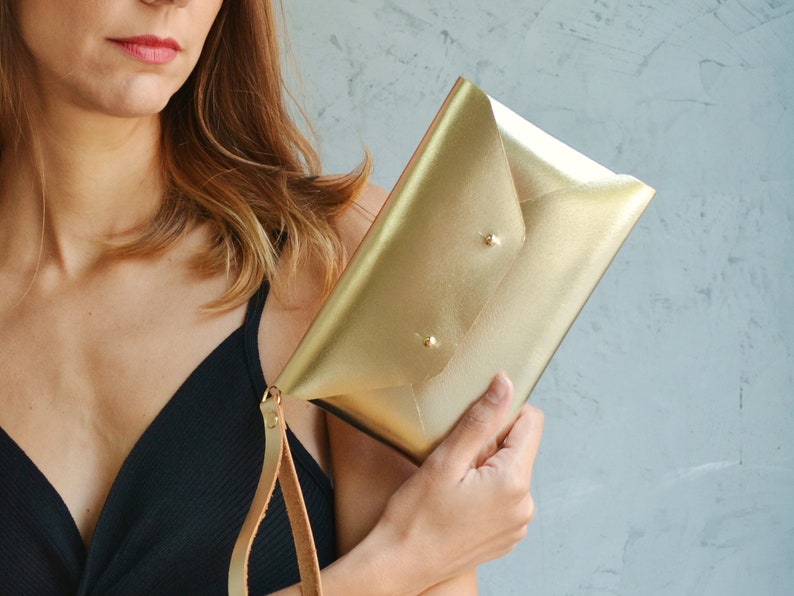 Gold leather clutch bag / Gold envelope clutch / Available with wrist strap / Genuine leather / Wedding clutch-Bridesmaid gift / SMALL SIZE Bag+wrist strap