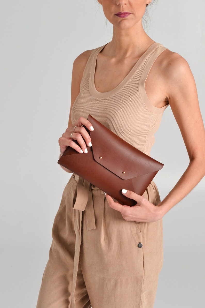 Brown leather clutch bag / Walnut brown envelope clutch / Bridesmaids clutch / Genuine leather / Cognac brown clutch / MEDIUM SIZE image 1