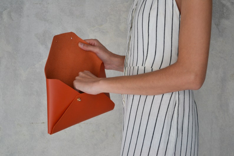 Burnt orange leather clutch bag / Orange envelope clutch / Leather bag available with wrist trap / Genuine leather / MEDIUM SIZE image 6