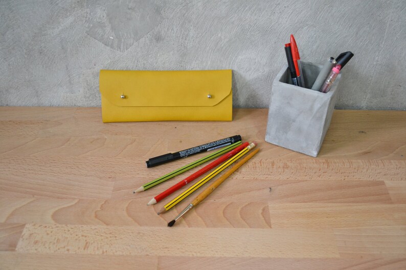 Mustard Yellow Leather Pen Case Pencil Makeup Bag