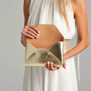 Gold leather clutch bag / Gold envelope clutch / Bag available with wrist strap / Genuine leather / Bridesmaid gift / MEDIUM SIZE image 10