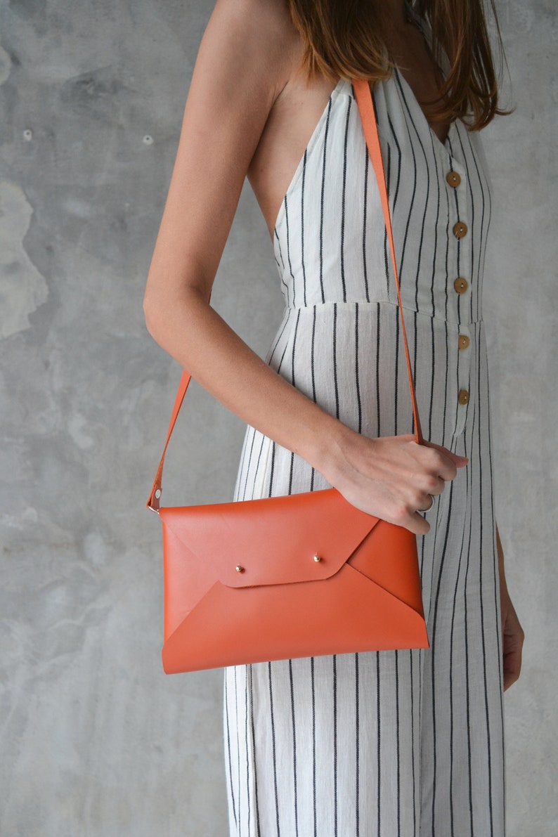 Burnt orange leather clutch bag / Orange envelope clutch / Leather bag available with wrist trap / Genuine leather / MEDIUM SIZE image 8