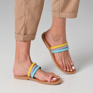 Leather sandals / Genuine nubuck leather / Multi-coloured Greek sandals / Flat leather sandals / Leather slingbacks / Leather slides image 5