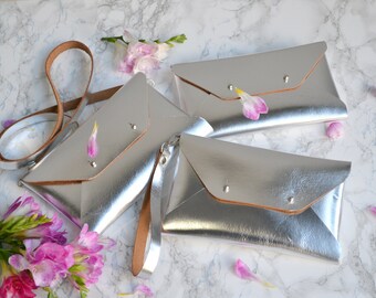 Bridesmaid gift set - Silver leather clutches - Set of 10-12 bags