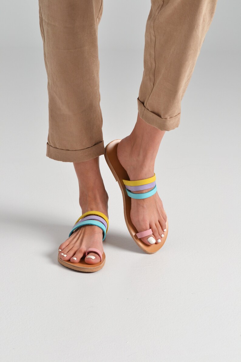 Leather sandals / Genuine nubuck leather / Multi-coloured Greek sandals / Flat leather sandals / Leather slingbacks / Leather slides image 2