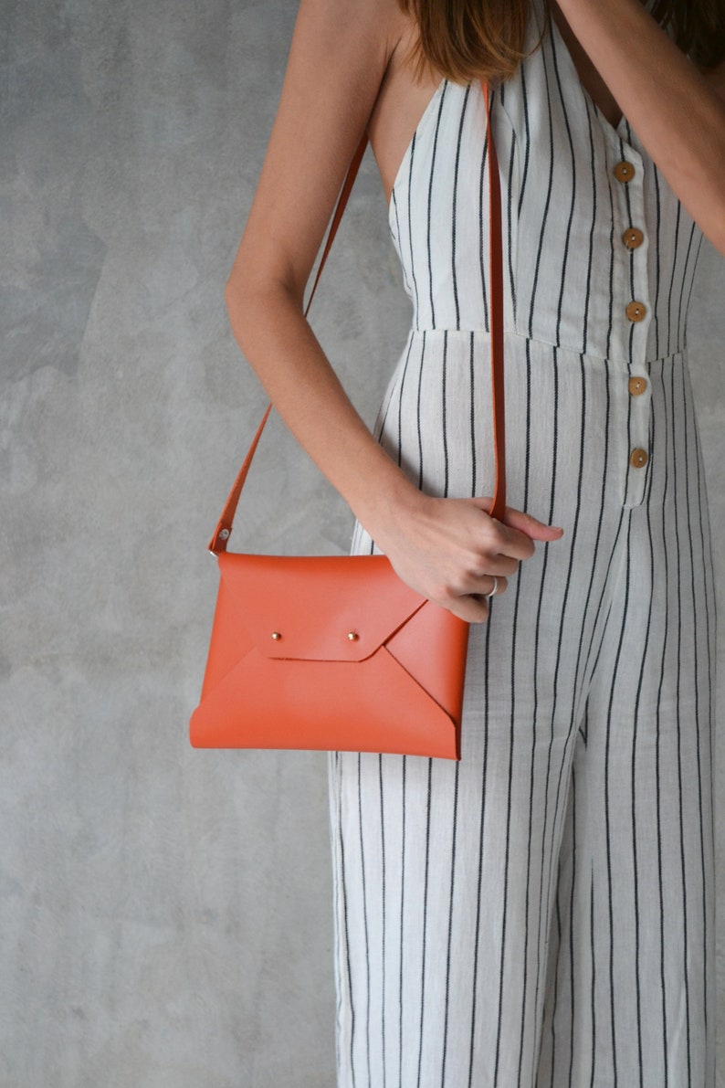 Burnt orange leather clutch bag / Orange envelope clutch / Leather bag available with wrist trap / Genuine leather / MEDIUM SIZE Bag+shoulder strap