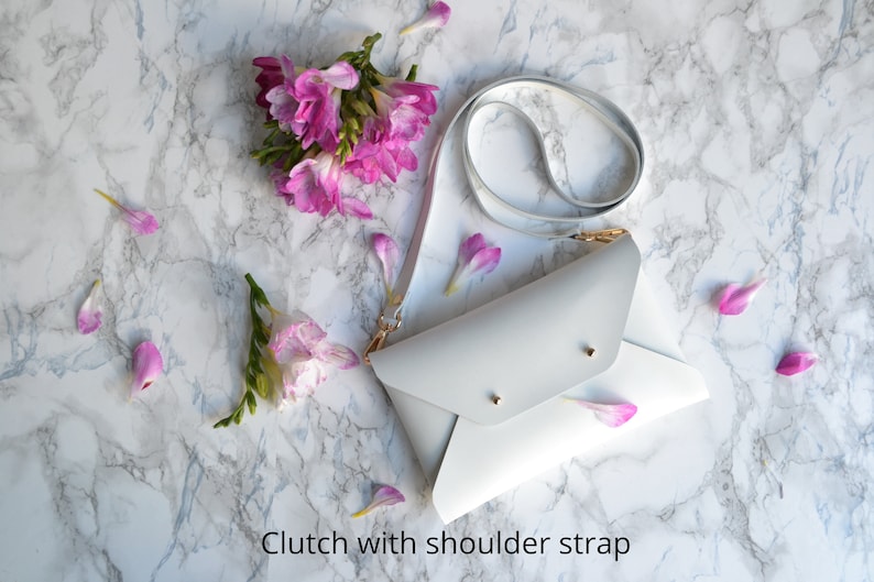 Weiße Leder Clutch Tasche / Ledertasche mit Handgelenksgurt / Echtleder / Hochzeit Clutch / Brautjungfern Clutch / SMALL SIZE Bag+shoulder strap