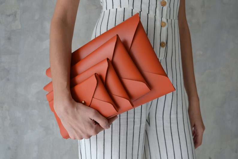 Burnt orange leather clutch bag / Orange envelope clutch / Leather bag available with wrist trap / Genuine leather / MEDIUM SIZE image 10