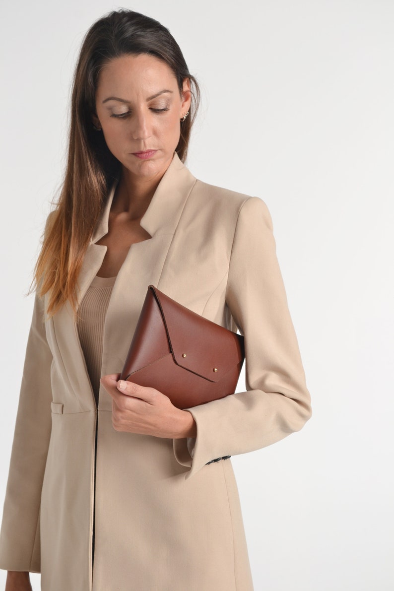 Brown leather clutch bag / Walnut brown envelope clutch / Bridesmaids clutch / Genuine leather / Cognac brown clutch / MEDIUM SIZE image 4