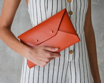 Burnt orange leather clutch bag / Orange envelope clutch / Leather bag available with wrist trap / Genuine leather / MEDIUM SIZE