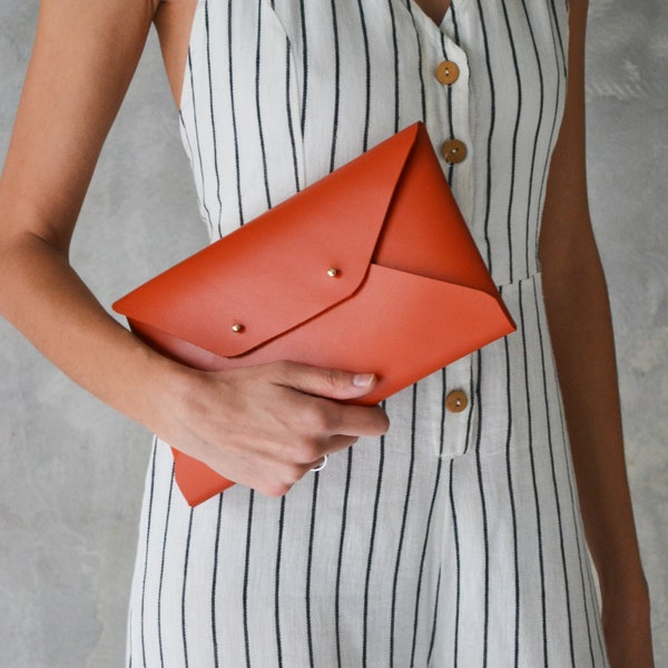 Burnt orange leather clutch bag / Orange envelope clutch / Leather bag available with wrist trap / Genuine leather / MEDIUM SIZE