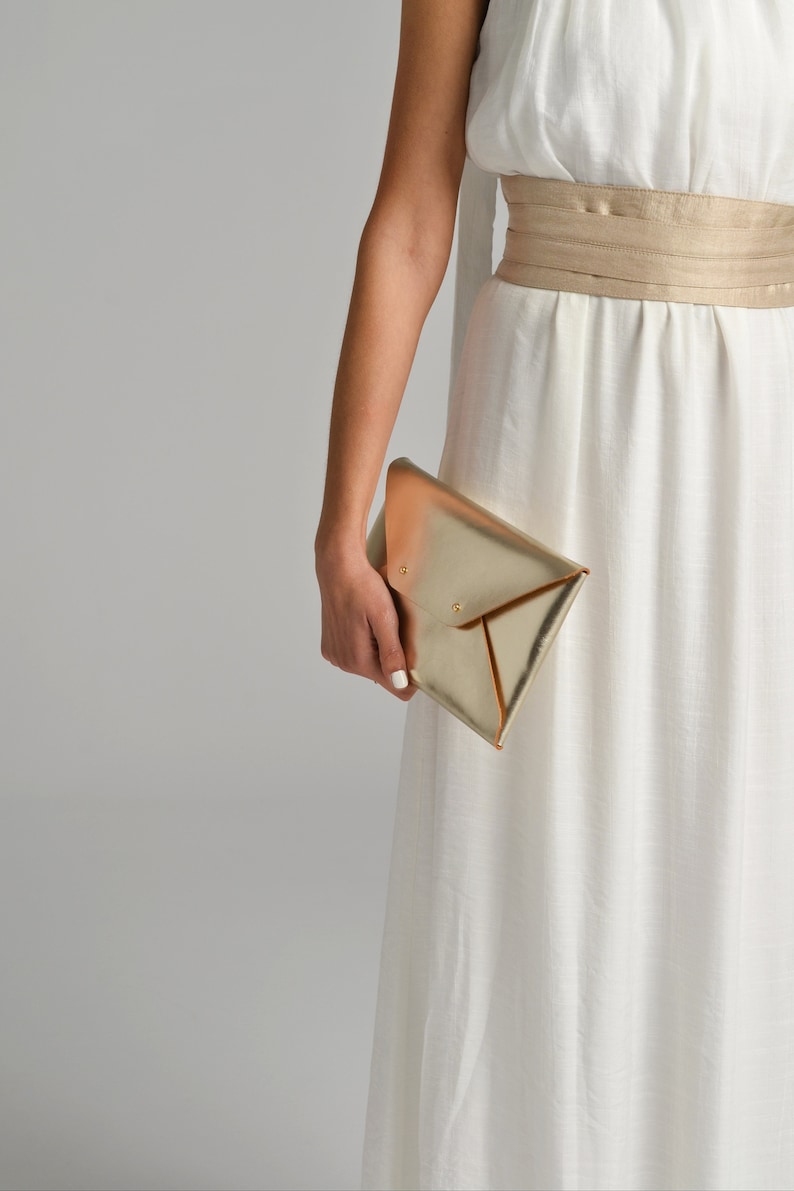 Gold leather clutch bag / Gold envelope clutch / Bag available with wrist strap / Genuine leather / Bridesmaid gift / MEDIUM SIZE image 2