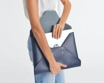 Navy blue leather clutch