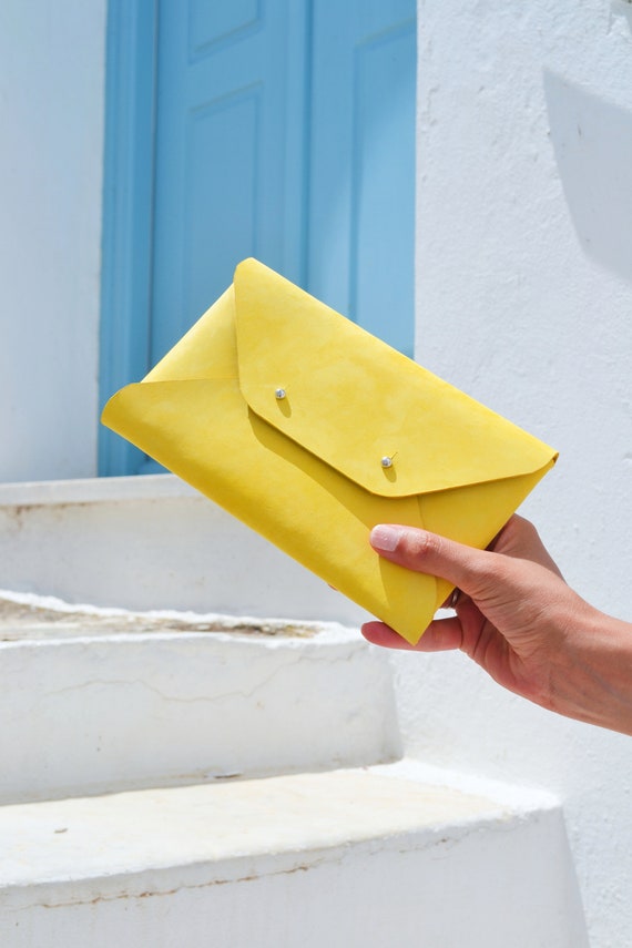 Lemon Yellow Leather Clutch Bag Lemon Envelope Clutch Yellow