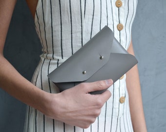 Gray leather mini clutch / Gray leather wallet / Gray envelope pouch / Mini leather clutch / Gray makeup bag / Leather iphone case