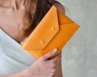 Ochre leather clutch bag / Ocher envelope clutch / Leather bag available with trap / Genuine leather / SMALL SIZE / Christmas gift