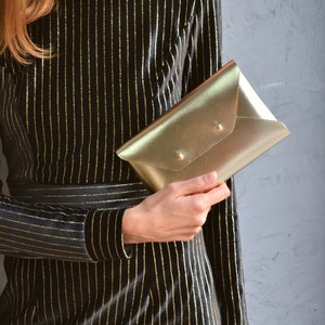 Gold leather clutch bag / Gold envelope clutch / Available with wrist strap / Genuine leather / Wedding clutch-Bridesmaid gift / SMALL SIZE Only bag