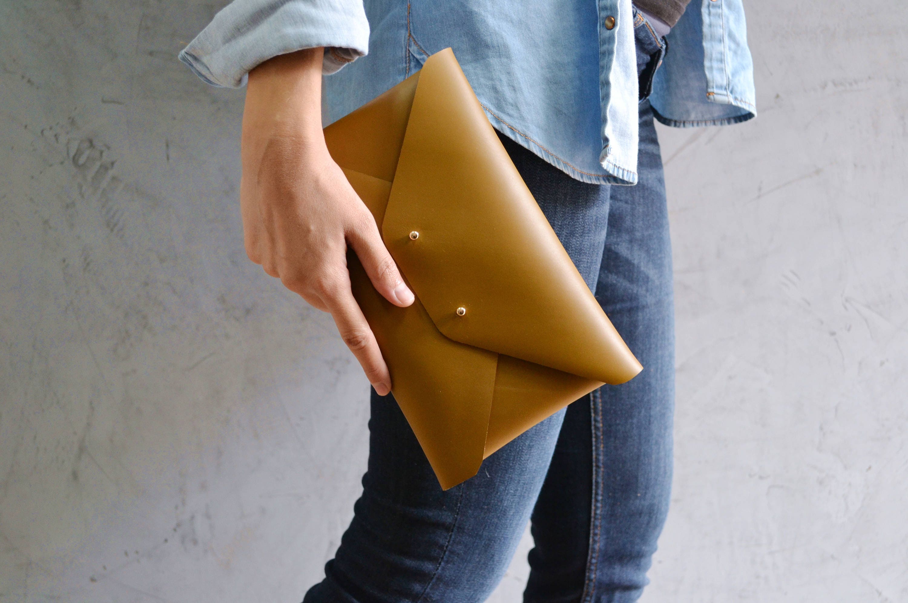 Brown mustard leather clutch bag / Dark mustard yellow Etsy