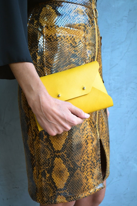 Mustard yellow leather clutch bag / Yellow leather bag / Etsy