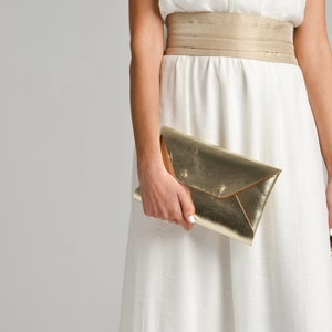 Gold leather clutch bag / Gold envelope clutch / Bag available with wrist strap / Genuine leather / Bridesmaid gift / MEDIUM SIZE image 5