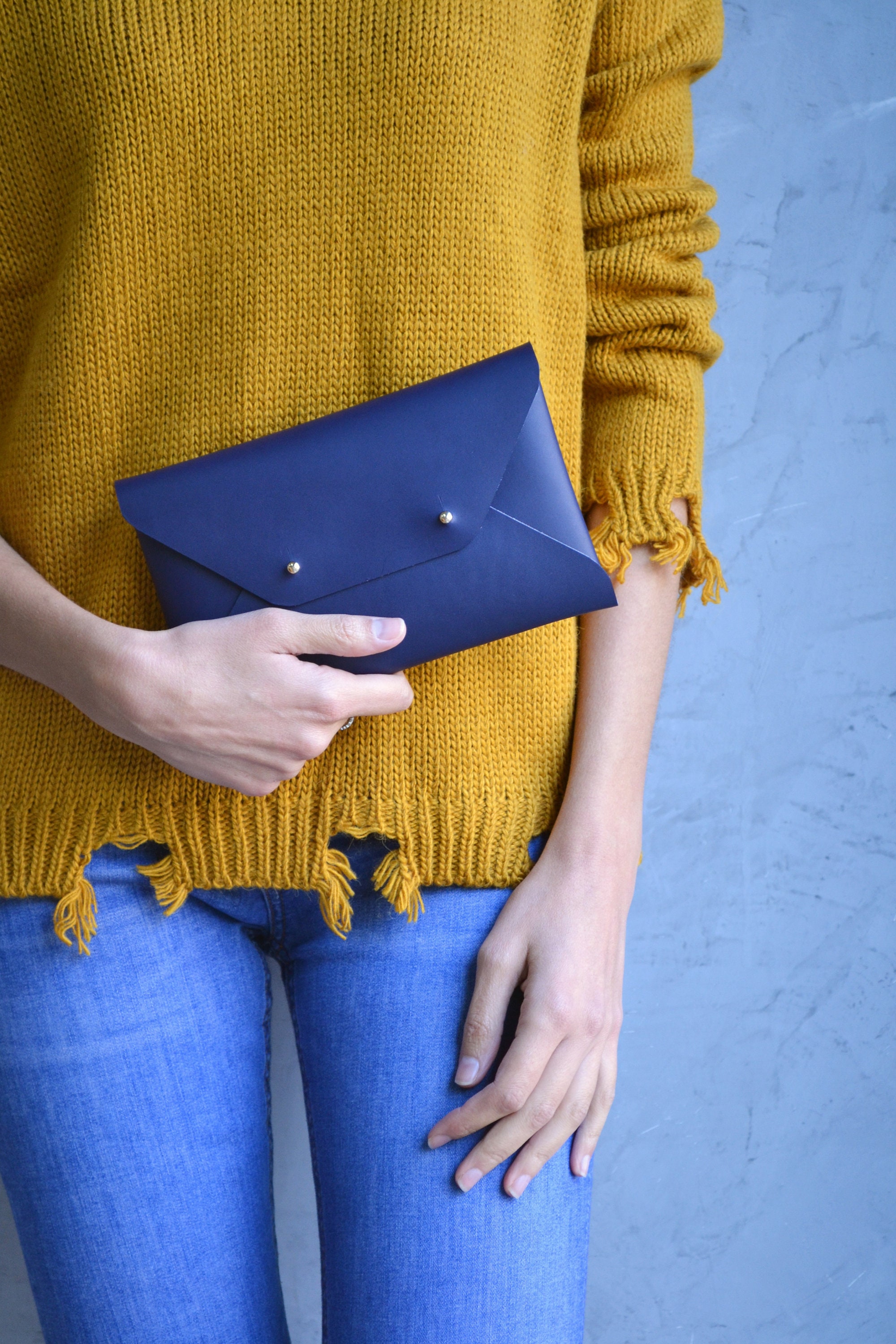 NAVY BLUE & YELLOW faux suede  clutch bag Handmade in the UK BN lined