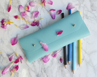 Türkis Leder Stift Fall / Aqua blau Leder Bleistift Fall / hellblau Make-up Tasche / Weihnachtsgeschenk