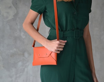 Burnt orange leather clutch bag with a removable shoulder strap / Orange leather bag / Orange envelope shoulder bag /  SMALL SIZE