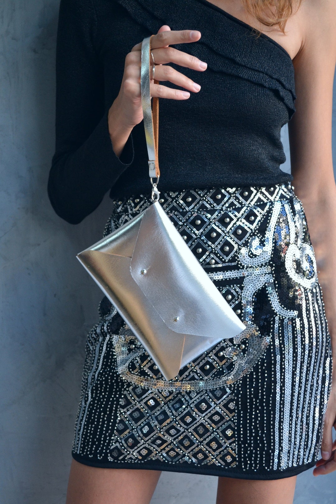 Silver Leather Clutch Bag / Silver Envelope Clutch / Genuine Etsy