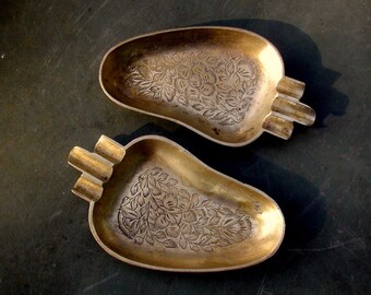 Two India Brass Ashtrays Mid Century Brassware With Floral Engraving