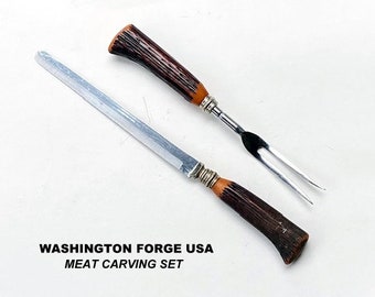 Vintage Washington Forge USA Deer Antler Meat Carving Set Rustic 1950s Serving Utensils with Bakelite Handles