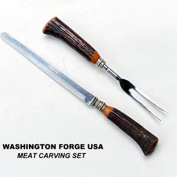 Vintage Washington Forge USA Deer Antler Meat Carving Set Rustic 1950s Serving Utensils with Bakelite Handles