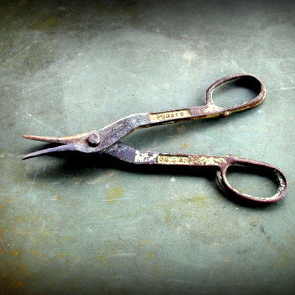 Vintage Forged Steel Sheet Metal Snips 10 Inches POWR KRAFT Long Wire Cutters Montgomery Ward Rustic Industrial Tools