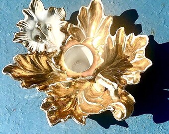 Victorian Gilt Gold Orchid Chamberstick German Porcelain Flower Candleholder