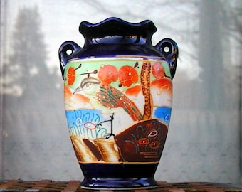 Japanese Moriage Urn Vase Hand Painted Fluted Top Vessel With Bird & Flowers Vintage Chinoiserie