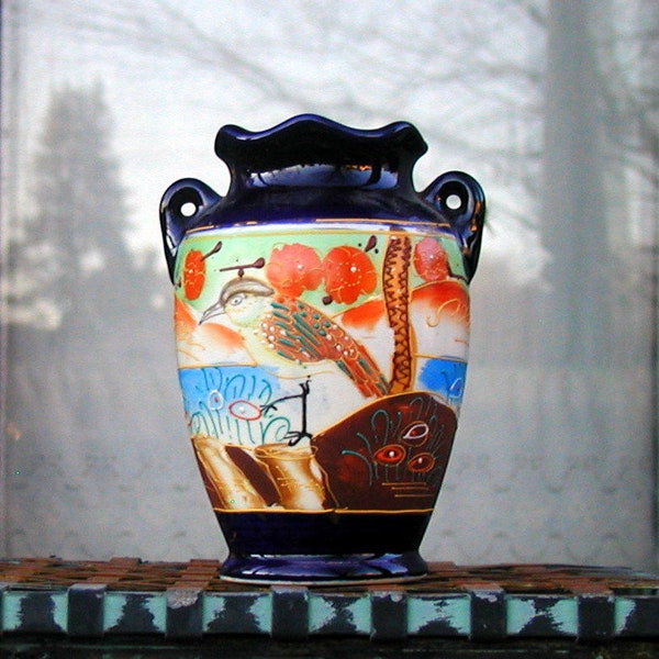 Japanese Moriage Urn Vase Hand Painted Fluted Top Vessel With Bird & Flowers Vintage Chinoiserie