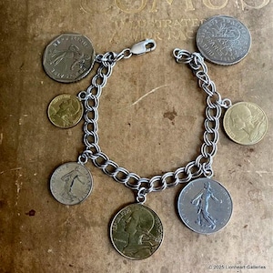 Vintage French Franc Coin Charm Bracelet 1960s-1980s Hallmarked Sterling Link Bracelet