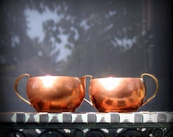 Vintage Copper Creamer & Sugar Bowl Set Mid Century Farmhouse Kitchen Decor